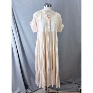 Böhme Cream Tiered Maxi Dress Puff Sleeve V-Neck Button Placket Rayon Size L